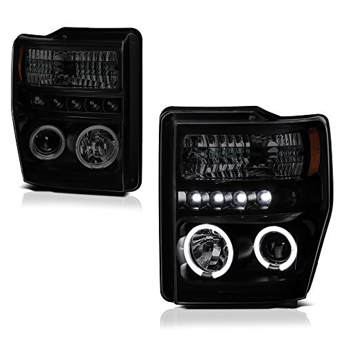 [For 2008-2010 Ford F250 F350 Super Duty Pickup Truck] LED Halo Ring Black Smoke Projector Headlight Headlamp Assembly, Driver & Passenger Side
