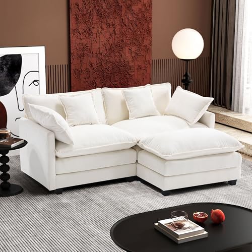 Image of Ihanherry 77 inch L Shaped Modern Sofa Modular Sectional Cloud Couch with Ottoman, 3-Seat Chenille Deep Seat Sofa with Pillow for Living Room, Bedroom and Apartment, Beige