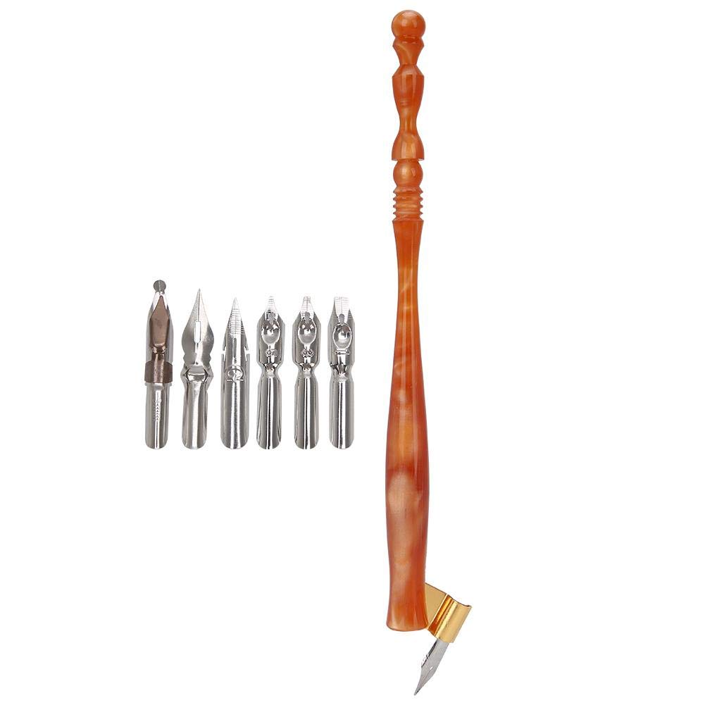Calligraphy Oblique Nib Pen Point Holder, English Calligraphy Pen Nib Holder Antique Copperplate Script Handed Dip Pen + 6 Flat Nibs(1)