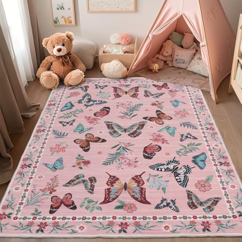 Nursery Rug for Girl 5x7 Pink Floral Machine Washable Rug for Girls Bedroom Non-Slip Low Pile Stain Resistant Carpet for Nursery Dining Room Kids Playroom Office Pink