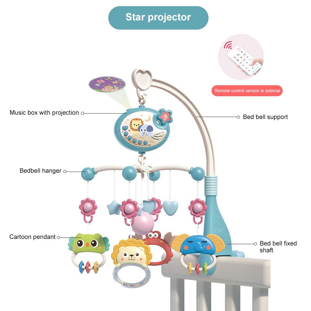 Mobile Musical Bébé, Cloche de Lit Bébé Rotatif à 360° avec Projecteur Veilleuse Musical, Carillons Suspendus Hochet Animaux Jouet éducatif Bébé, avec Support Mobile, Cadeau de Naissance