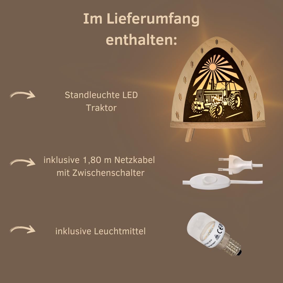 weigla - Dekoleuchte original Erzgebirge I Motiv Traktor I 1 LED Lampe I 0,8 W, E14 I Ganzjahresdeko innen I Weihnachtsbeleuchtung aus Holz I Fensterdeko