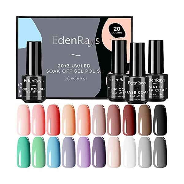 EdenRays-23pcs-Gel-Nail-Polish-Set-Soak-Off-UVLED-Gel-Starter-Kit-20-Vibrant-Colors-Base-Coat-Glossy-Matte-Top-Coat EdenRays 23pcs Gel Nail Polish Set, Soak Off UV/LED Gel Starter Kit, 20 Vibrant Colors, Base Coat, Glossy & Matte Top Coat, 23 Count (Pack of 1)