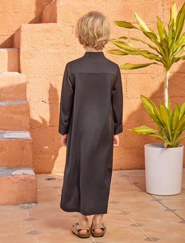Image of OBEEII Boy's Muslim Arab Solid Color Thobe Long Sleeve Kaftan Embroidered Robe Islamic Arabic Abaya Thobe