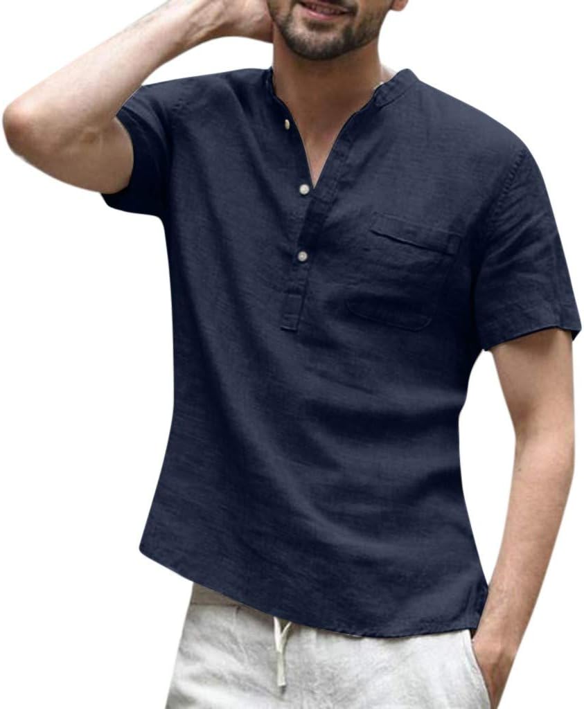 Starryflashing_men t-shirtMen Summer Casual T-shirt Tops, Male Baggy Cotton Linen Solid Short Sleeve Tee Shirt Blouse Tops, Navy - S