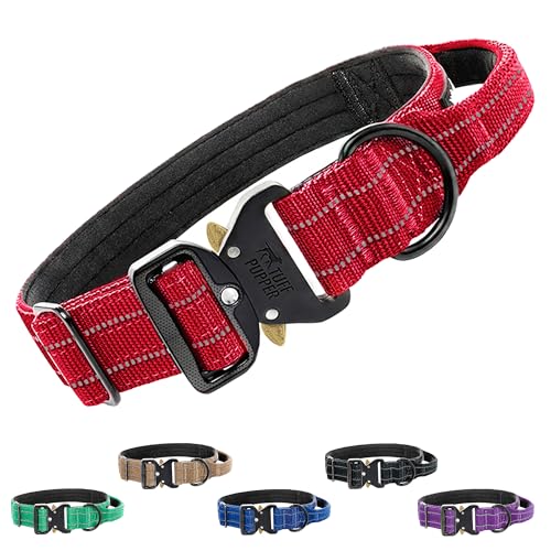 Image of Tuff Pupper Tactical Dog Collar | Heavy Duty 1.5 inch Wide Ballistic Nylon | Training Control Handle | Quick-Release Metal Buckle | Reflective Bands | ID Tag Holder | Padded Inner Lining (Red, Medium)