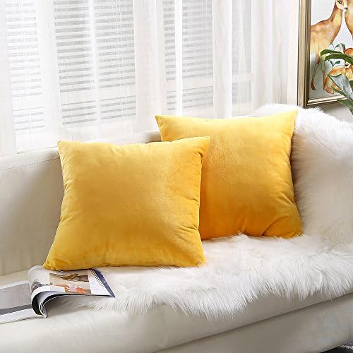 FANCY QUEEN Velvet Throw Pillow Covers Supersoft Pillowcase Couch Cover Square Decor Toss Cushion Covers Solid for Home Sofa Bedding Yellow 22"X22" 55cmX55cm Pack of 2
