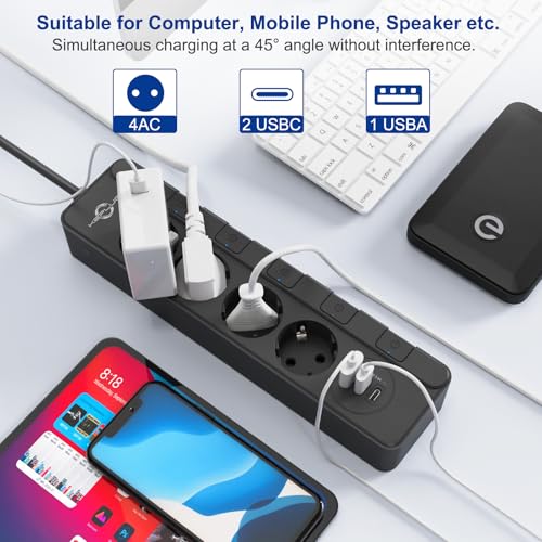 Steckdosenleiste überspannungsschutz(4000W 16A),KEPLUG Mehrfachsteckdose mit 2USB C 1USB A wandmontage, Steckerleiste einzeln schaltbar kindersicherung,Steckdose 2 m Kabel Schwarz 5