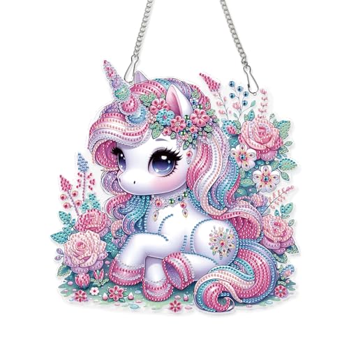 Image of AiYuanzsh Pink Unicorn Special Shape Diamond Painting Hanging Kit for Adults, 5D Crystal Rhinestone Diamond Art Ornament Fantasy Floral Design for Window Wall Home Decor