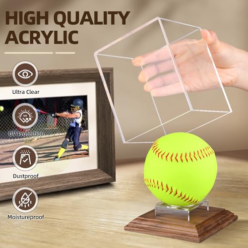 Image of Softball Display Case Walnut Wood Base Acrylic Softball Case Display For Balls Uv Protection Softball Holder Cube Box Stand Memorabilia Autograph Ball, Ideal Gift For Official Size Single Ball Display