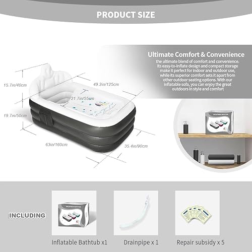 Miniatura 3 de Bañera inflable con bomba y almohada de baño, bañera de hidromasaje plegable independiente para exteriores e interiores, con cubierta de drenaje,