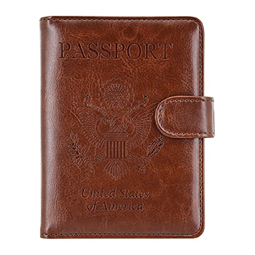 KINGMAS Passport Holder Cover, Vaccine Card Holder RFID Blocking Travel Passport Wallet Leather Case for School Bussiness Trip Travel and Go Abroad (Brown, Magnetic Buckle)