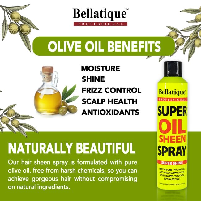 BELLATIQUE Super Oil Sheen Spray (14.88 oz) - Super Shine. Lightweight, Hydrating, Anti-Frizz, Non-Greasy, Revitalizing, Soothes, Long Lasting, Deep Conditioning, Strengthening, Quick & Easy.