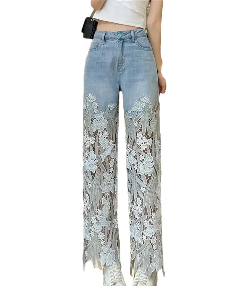 Fashion Lace Patchwork Hollow Out Jeans for Women Summer Casual Loose Straight Denim Pants