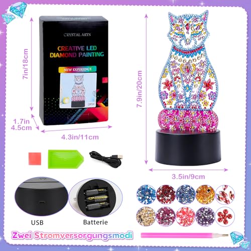 Osikay Diamond Painting Katzenlampe Nachtlicht Kinder, Bastelset Mädchen 8 10 7 6 Jahre Spielzeug ab 5-12 Jahre Mädchen Geschenk Basteln Kinder 8-9-11 Jahren Lustige Geschenke Lampe Kinderzimmer