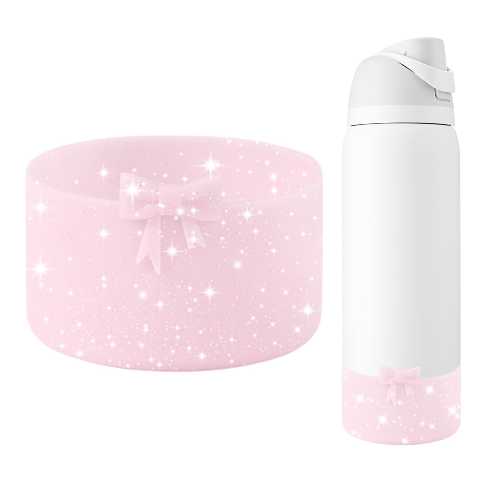 GAISHION Glitter Silicone Bow Boot Compatible with Owala 32 oz Water Bottles,Protective Sleeve Anti-Slip Bottom Bumper for FreeSip, Twist, and Flip Stainless Steel Water Bottles Accessories-Pink