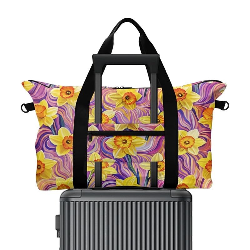 Gold Daffodil Duffle Bags for Traveling Lightweight Foldable Fluid Purple Pink Weekender Carry On for Women, Floral Large Sports Tote Gym Bag2