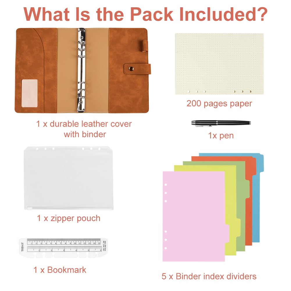 Cuaderno A6 Anillas de Cuero Sintético, Recargable Libretas Bonitas con Cuadrícula de Puntos A6, Bolsillos Interiores y Separador de Índice, Agenda Ahorro para Viajes, Trabajo, Escuela (Marrón)