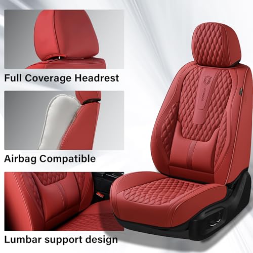 Image of Coverado Car Seat Covers Front Seats, Luxury Faux Leather Red Seat Covers for Cars Waterproof Seat Covers with Lumbar Support, Car Seat Protector Universal Fit for Most Cars SUV Truck(Front, Red)