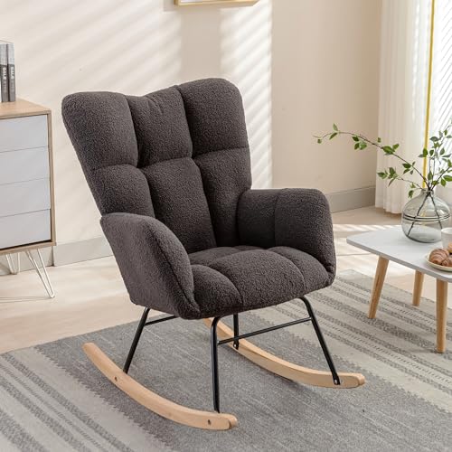 Image of FOXHUNTER Rocking Chair Nursery Teddy Upholstered Glider Rocker High Backrest Nursery Rocker Comfortable Stylish Accent Armchair for Living Rooms Bedrooms Offices (Teddy Dark Gray)