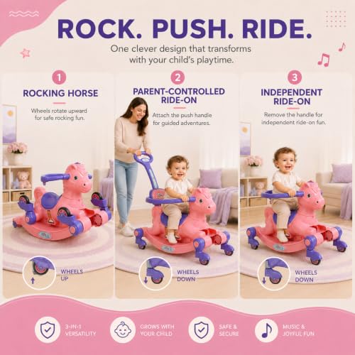 Image of 3 in 1 Baby Horse Rider for Kids 1-5 Years with Parent Handle, Rocking Horse, Ride On Toy, 360 Safety Guard, Music, Swivel Wheels, Backrest, Baby Ride On for Boys & Girls (Pink)