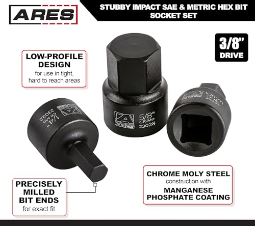 Image of ARES 23021 16-Piece Stubby Impact SAE and Metric Hex Bit Socket Set