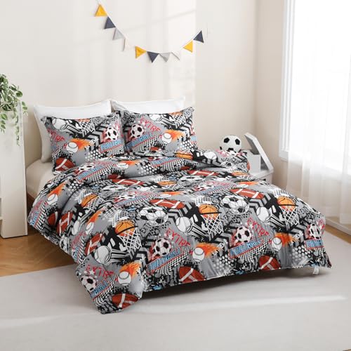 Image of Yibeizi Grey Sports Comforter Set for Boys Twin Baseball Bedding