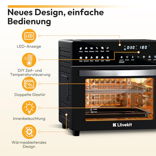 Heißluftfritteuse Minibackofen 26L, 1700W Airfryer XXL mit 12 Programmen und Rezeptbuch, Heißluft-Backofen mit digitalen LED-Display, Fritteuse mit Vorheizen, Warmhalten & Aufwärmen – Bild 3
