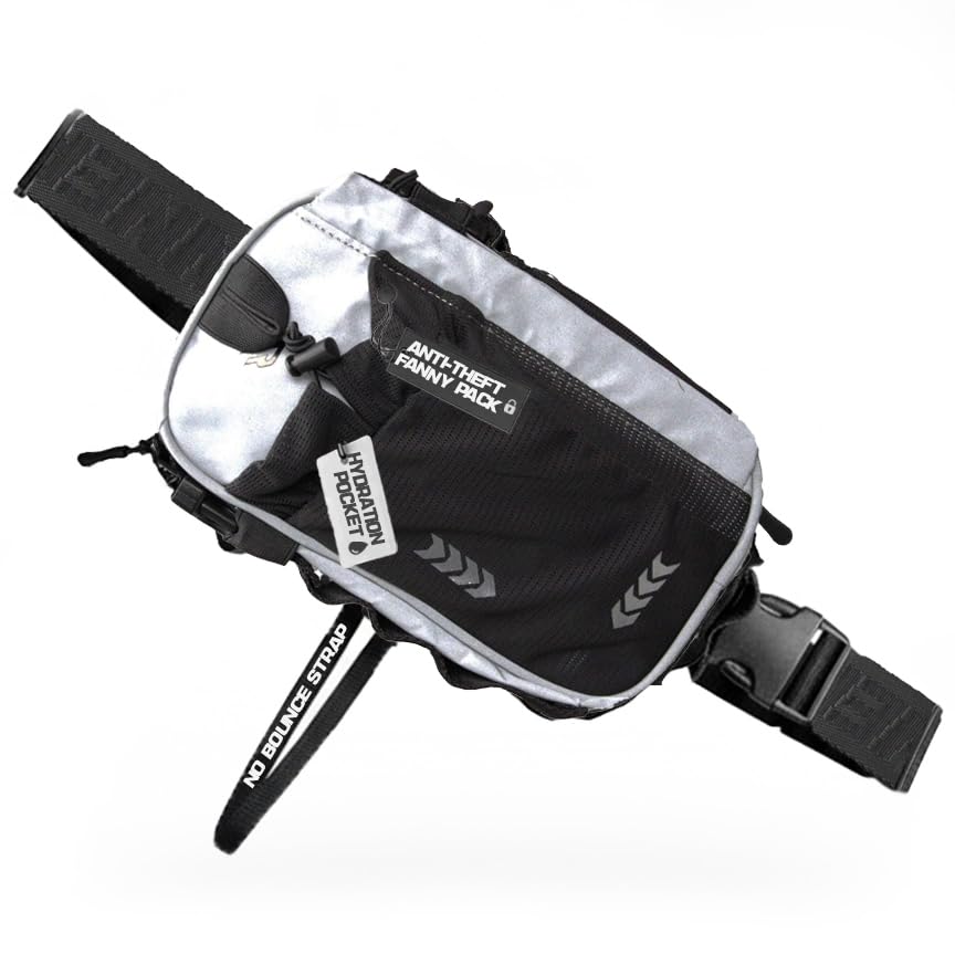 RAVERUNNER NO-BOUNCE Reflective Anti-Theft Fanny Pack & Festival Bag - Modular Sling with 8 Pockets | Rave Bag Festival Fanny Pack