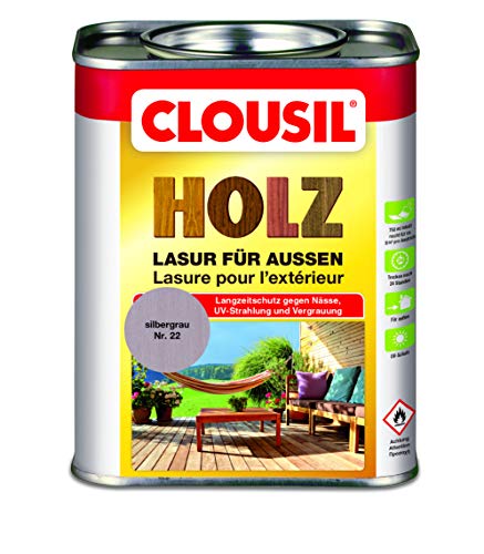 CLOUsil Holzlasur Holzschutzlasur für außen silbergrau Nr. 22, 0.75L: Wetterschutz, UV-Schutz, Nässeschutz und Schimmel für alle Holzarten - in verschiedenen Farben