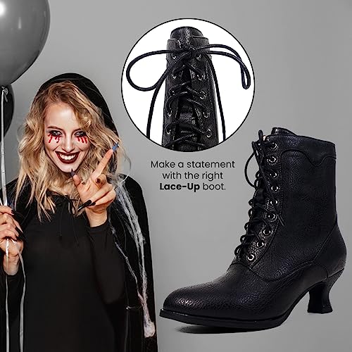Women's Victorian Ankle Boots - Mid Calf, Round Toe, Black Boots with Chunky Heel & Lace Up Detail4