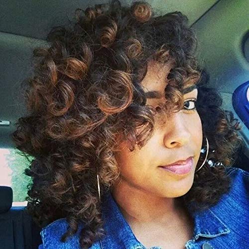 Highlight Brown Short Curly Wig with Bangs for Black Women, Shoulder Length Afro Kinky Big Curls Daily Use Heat Resist Fiber with Highlight Brown #30 Color Big Curly Afro Wigs(14 inch, F1B/30)