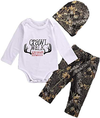 Image of Shejingb Newborn Baby Boys Long Sleeve Letters Deer Romper Bodysuit Tops Camo Pants with Hat 3 Pcs Outfit Clothes Set
