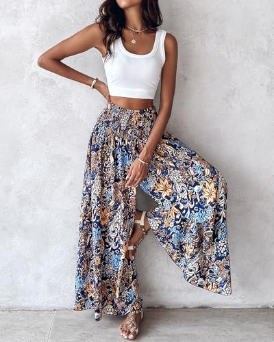 Boho Vintage Print High Waist Elastic Waistband Slimming Wide Leg Pants Loose Fit Casual Vacation Trousers Style 13