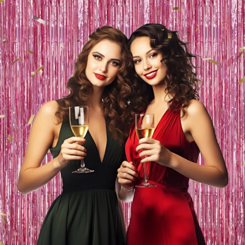 Image of DECOCKRAT 2 Pack Foil Fringe Backdrop - Laser Pink Shiny Tinsel Curtains for Party Decoration /Photo Booth Props - 3.3x6.6 FT Metallic Foil Backdrop for Birthday, Wedding, Graduation, Christmas.