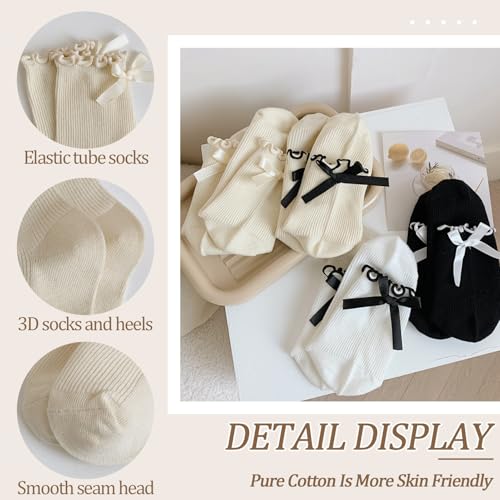 4 Pairs Womens Bow Socks,Cute Frilly Ruffle Casual Crew Socks, Soft Breathable Cotton JK Bow Socks3