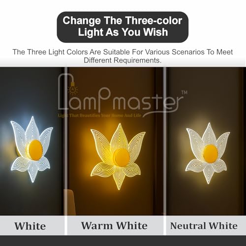 Image of Lampmaster Lotus Glow LED Wall Light | 3-in-1 Color Changing Decorative Lamp | Gold Finish Acrylic Lotus Design | Modern Floral Wall Sconce for Bedroom, Living Room & Meditation Decor