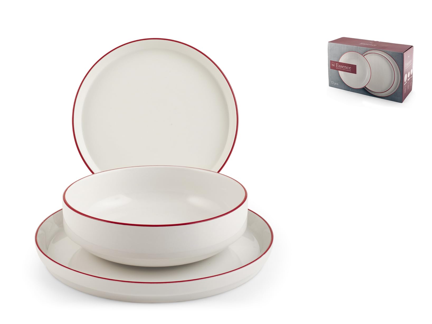 H&H, Servizio Tavola 12 Pezzi Essence Black in Porcellana Bianca con Bordo Rosso – Piatti Piani, Fondi e Frutta, Adatto per Lavastoviglie e Microonde