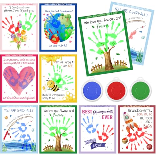 Cinrobiye 24 Set Happy Grandparents Day Craft Grandparent Handprint Craft Kit DIY Hand Print Gift Greeting Cards with Large Ink Pads for Home School Activity Grandma Grandpa Party Favor Decor