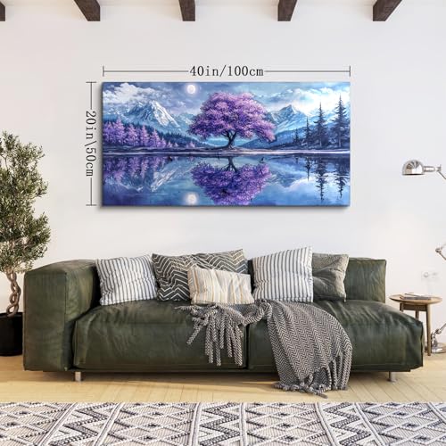 SERIMINO Tree of Life Large Wall Art, Fantasy Landscape Wall Decor, Purple Trees Canvas Painting, Snow Mountain Lake Modern Decor Prints, Moonlit Night Pictures Home Decor Living Room20 X40