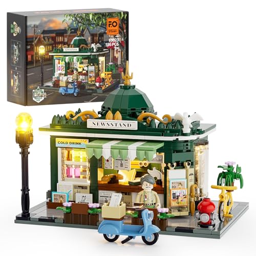 FUNWHOLE Newsstand Lighting Building Bricks Set - City Town Life Newsstand LED Light Construction Building Model Set 556 Pcs for Adults and Teen