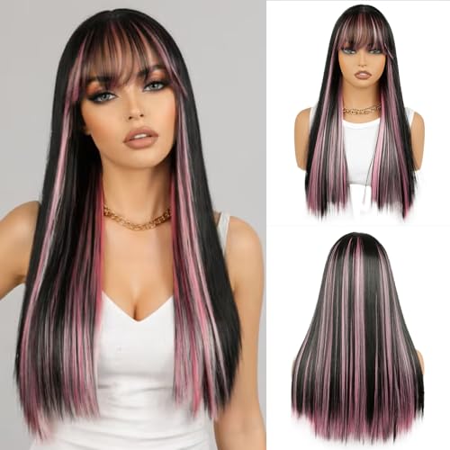 PALPFO Black Pink Wig with Bangs Wig Long Straight Hair with Bangs Fiber Wigs Synthetic Wig Glueless Party Cosplay Daily Use Long Straight Wig for Womens 23 Inch