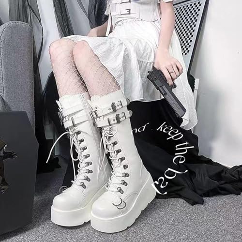 Womens Platform Mid Calf Boots Goth Punk Combat Wedges Chunky High Heel booties with Lace up Side Zip Winter Boots2