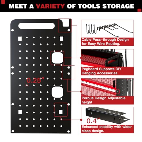 Power Tool Organizer Wall Mount with Charging Station,Cordless Tool Organizer 8 Drill Holder, 4 Layer Storage Rack for Garage Organization,Tool Holder with 8 Outlet Power Strip (Red)