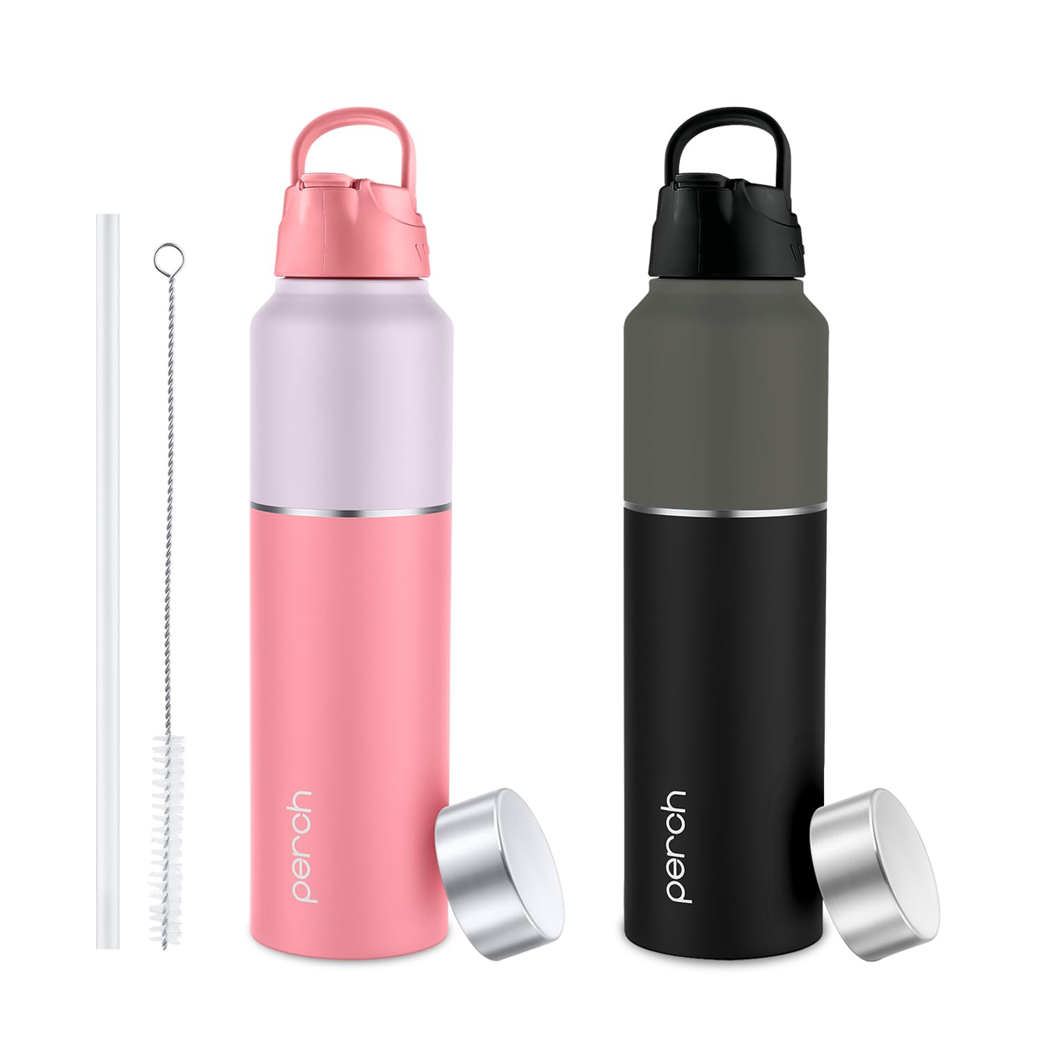 Perch Magic ISI Certified Stainless Steel Water Bottle 1 Ltr | Fridge Bottle with Sipper Cap & Straw | Single Wall | BPA Free | Lightweight | For Home, Office, Gym, Travelling Set of 2 (Black & Pink)