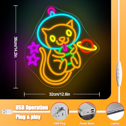 Image of Astronaut Cat Boba Tea Neon Sign LED Neon Light Wall Decor for Kids Room | Cute kitty bubble tea light up sign for bedrooms, boba shops, Cafes & dessert stores, space theme wall decor,USB powered