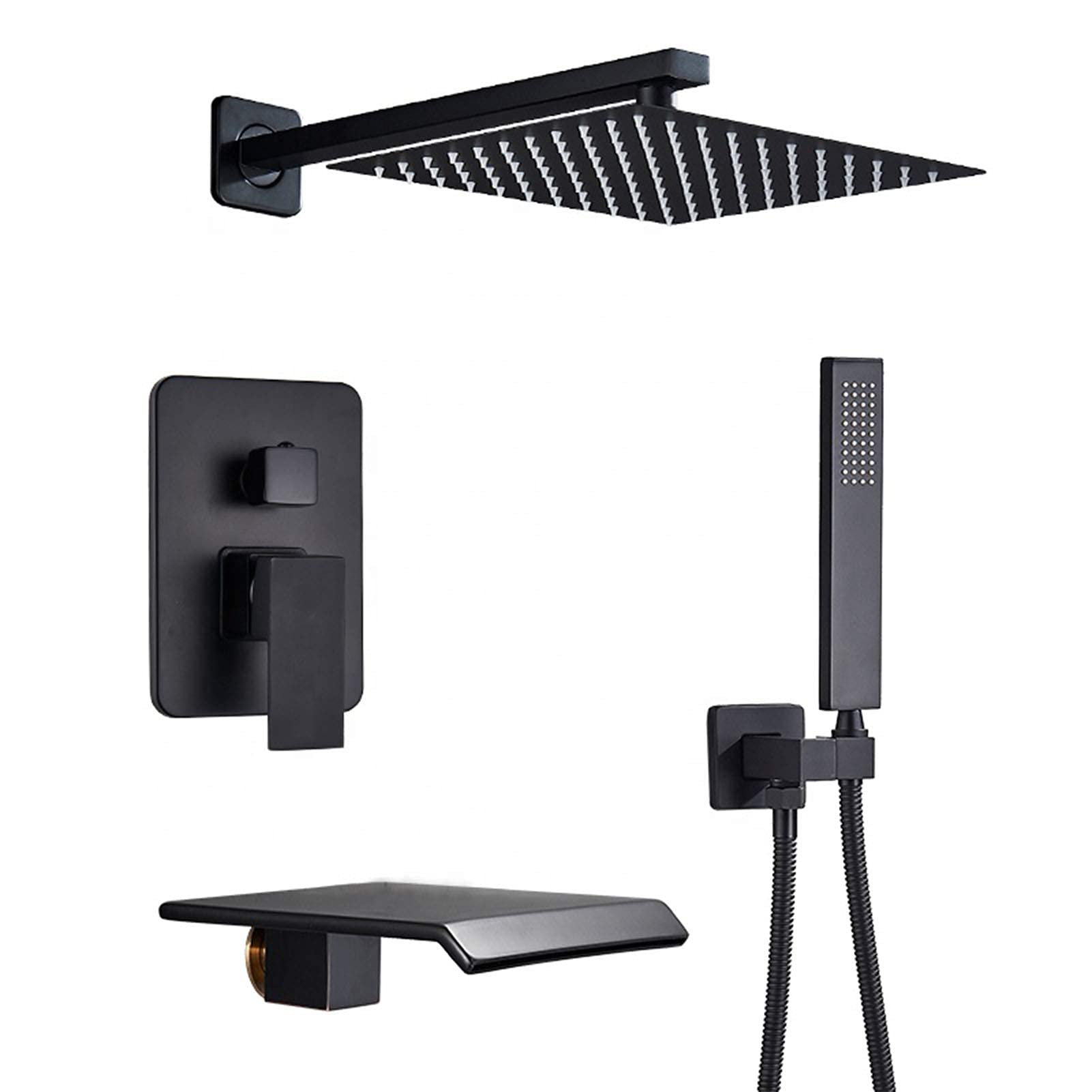 CWCQGH Waterfall Shower System Black, Bathroom Rainfall Shower Faucet Set with Tub Spout, Wall Mounted Stainless Steel 8 Inch Rain Shower Head with Handheld