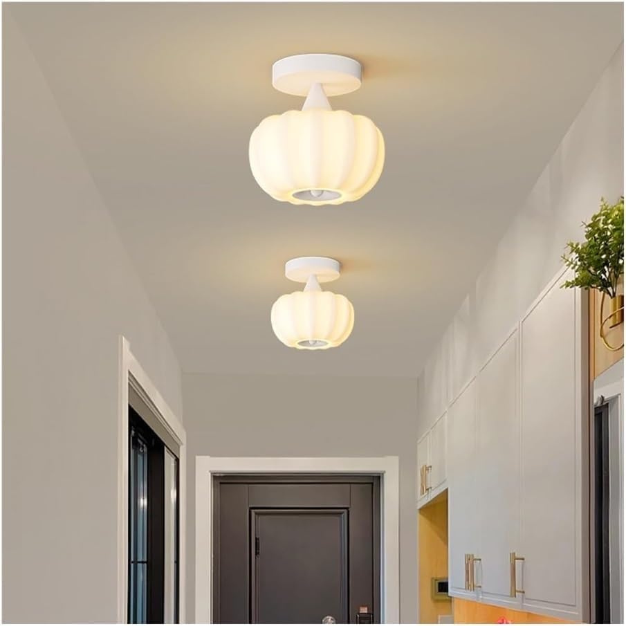 Cream White Ceiling Light, LED 9W 3-Color Dimming Pumpkin Style Flush Mount Ceiling Lamp, with Ribbed Acrylic Shade,Lighting Fixture for Bedroom, Hallway