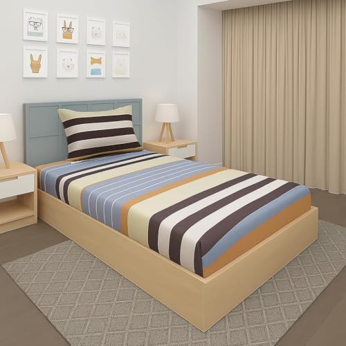 Image of Blue Strip 220TC Glace Cotton Elastic Fitted Bedsheets Single Bed with 1 Pillow Cover | Single Bed with All Around Elastic, Size 42 inch x 75 inch Inches