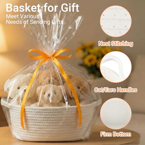 Kievano Geschenkkorb Leer aus Baumwollseil, Geflochtener Korb für Geschenke mit Geschenktüte & Schleife, Präsentkorb Leer für Weihnachten, Geburtstag, Hochzeit, Babyparty – Weiß – 30×20×12 cm